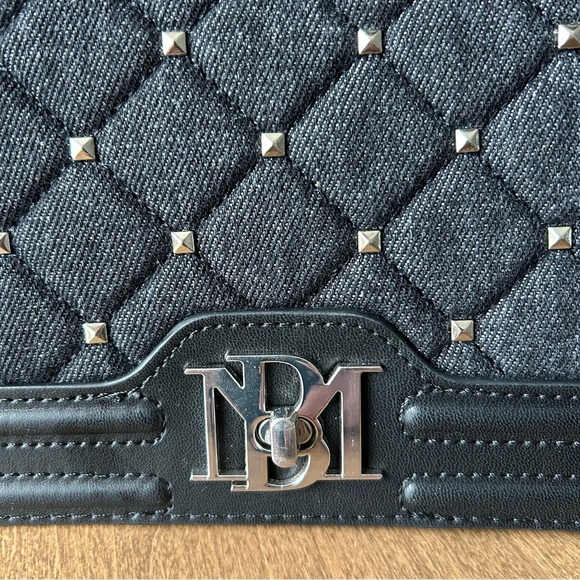 Badgley Mischka Black Denim Diamond Quilted Crossbody Bag Purse Faux Pearls NWT - Picture 6 of 14